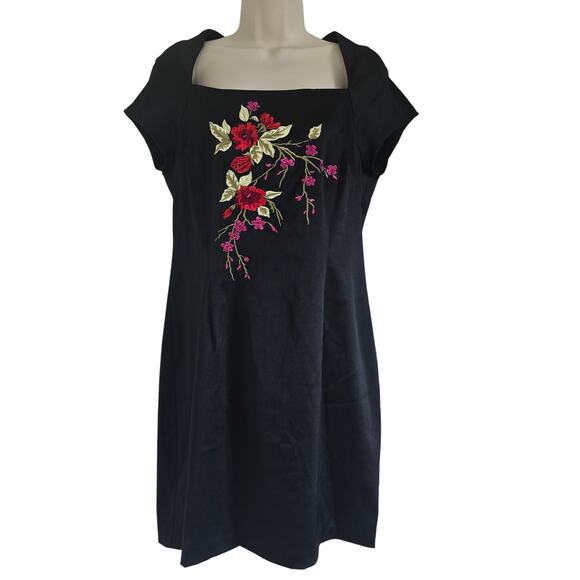 Vintage CDC Floral Embroidered Y2K Satin Mini Dress Black Size 12 Stretch - Picture 1 of 8